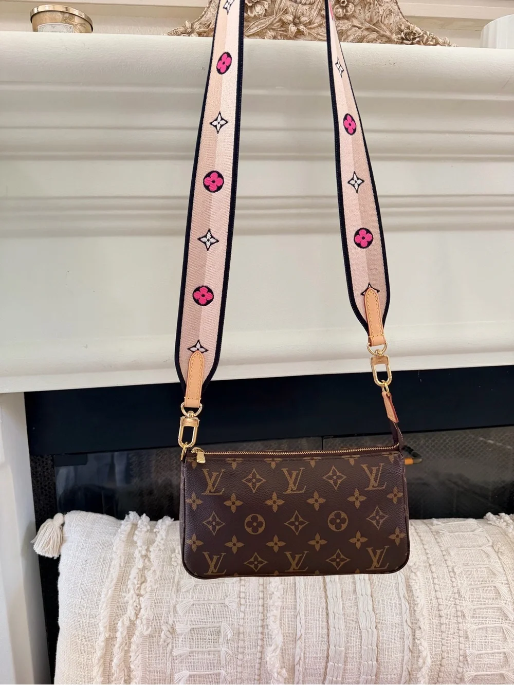 Louis Vuitton Brown Monogram Canvas Pochette Crossbody with Pink Accent Strap
